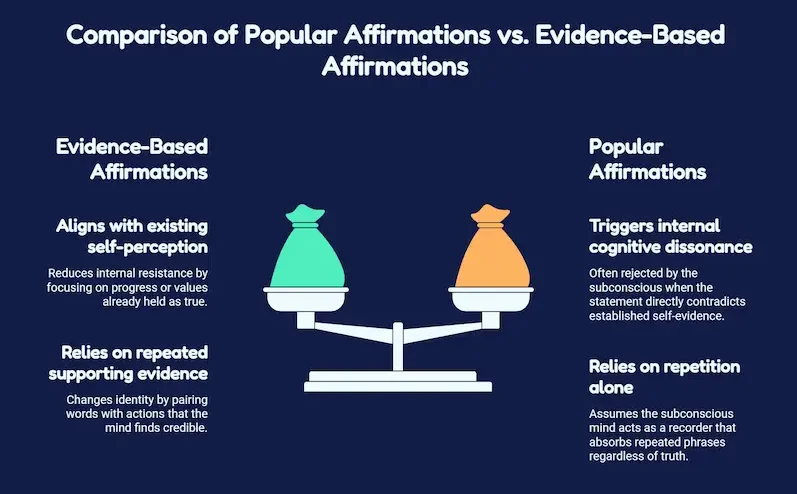 Infographic detailing evidence-based affirmations subconscious impact versus popular affirmations repetition