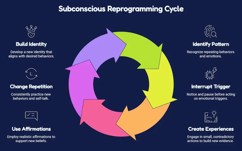 A hand-drawn napkin infographic explaining the step-by-step process of how to reprogram the subconscious mind.