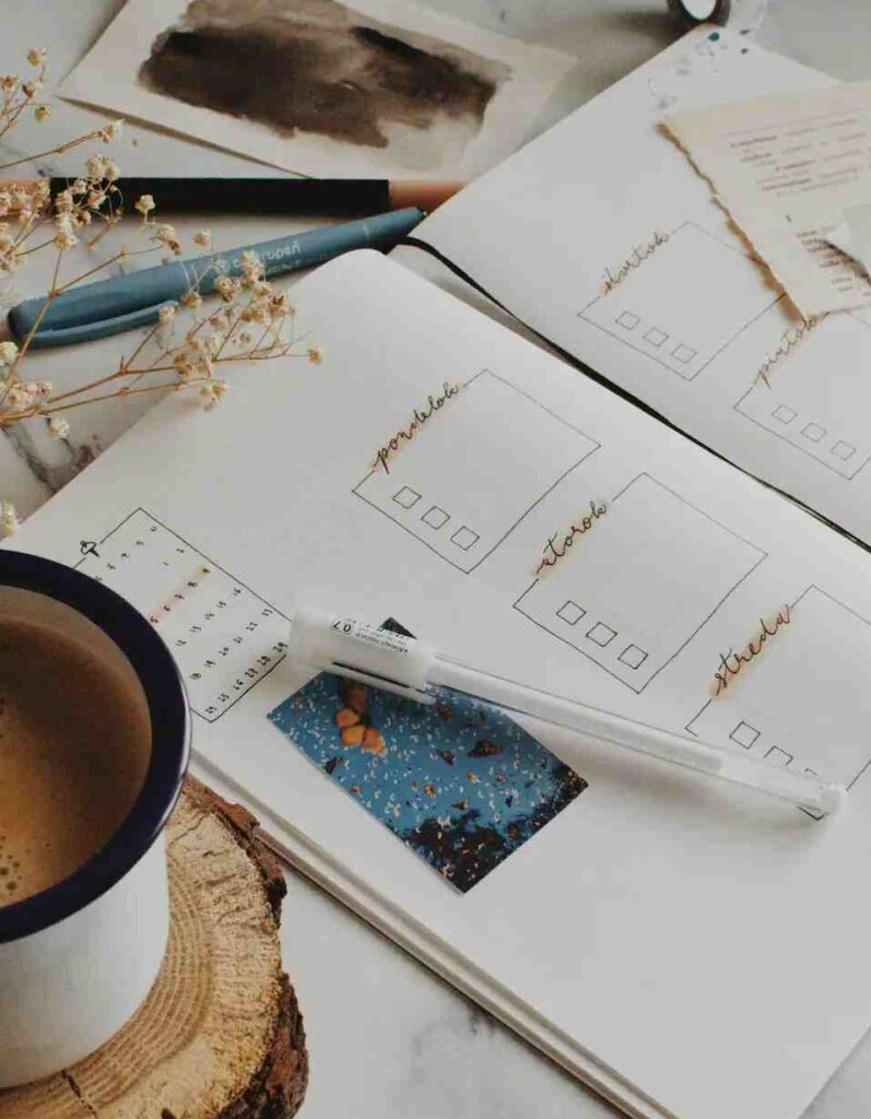 A minimalist handwritten habit tracker bullet journal open on a marble desk next to a warm cup of coffee on a wood coaster, dried flowers, and a pen