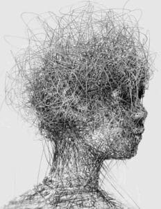 Abstract minimalist sketch of a human profile filled with tangled looping lines, symbolizing toxic thought loops.
