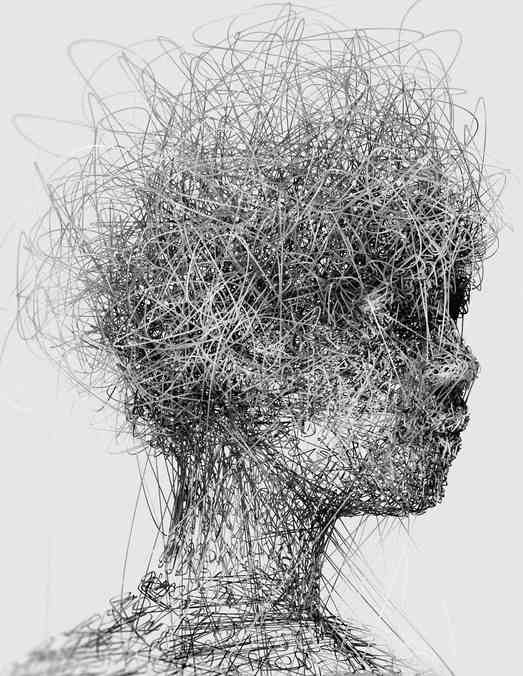 Abstract minimalist sketch of a human profile filled with tangled looping lines, symbolizing toxic thought loops.
