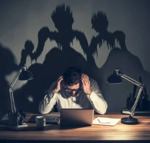 An overwhelmed office worker looking down at a laptop screen in a dimly lit office while stylized, dark shadow figures are projected on the wall behind him, symbolizing internal stress triggers.