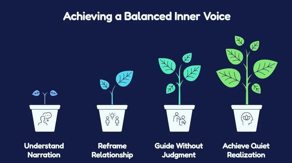 Diagram illustrating four stages of developing a balanced inner voice: understanding your narration, reframing your relationship with thoughts, guiding yourself without judgment, and achieving quiet realization.