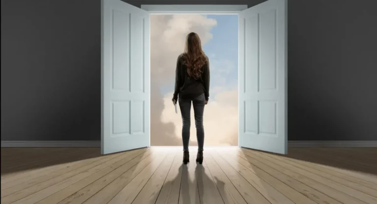 Woman facing an open doorway, representing why change can feel difficult and unfamiliar
