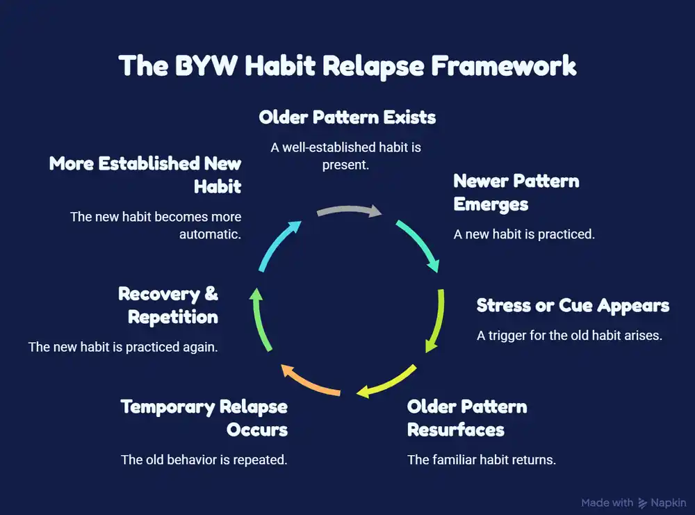 BYW Habit Relapse Framework showing how old habits can resurface and new habits become more established through recovery and repetition.