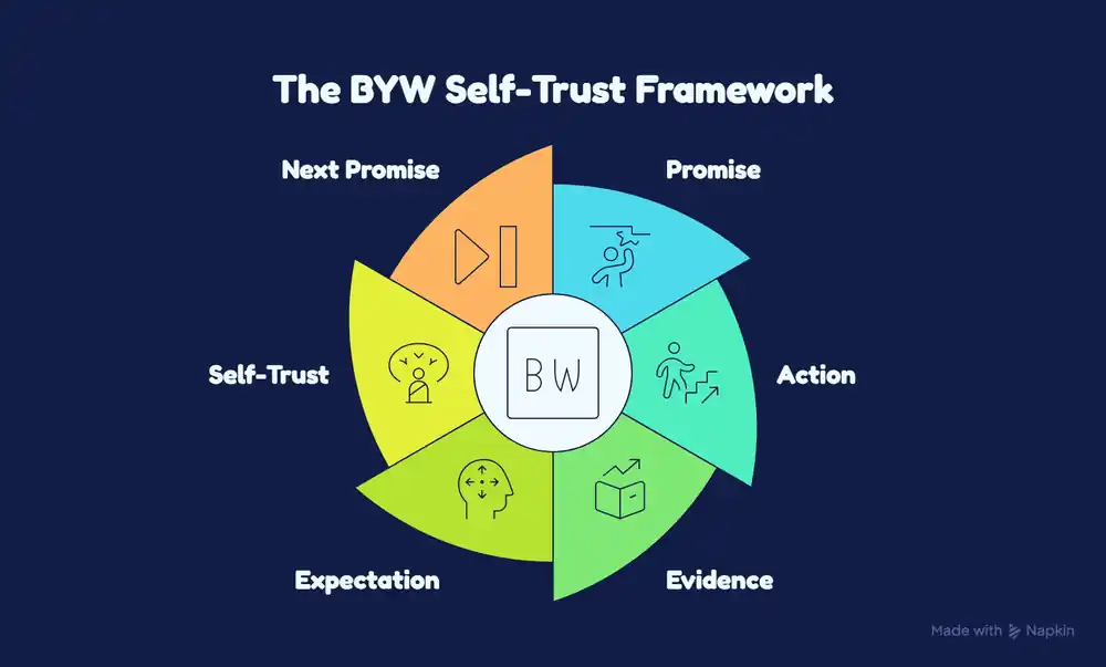 BYW Self-Trust Framework showing the cycle from promise and action to evidence, expectation, self-trust, and the next promise.