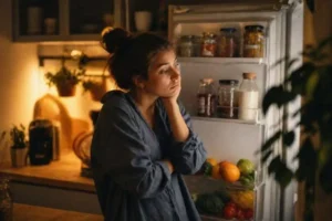 Woman looking thoughtfully into an open refrigerator in the evening, deciding what to eat.