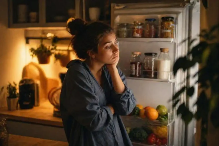 Woman looking thoughtfully into an open refrigerator in the evening, deciding what to eat.