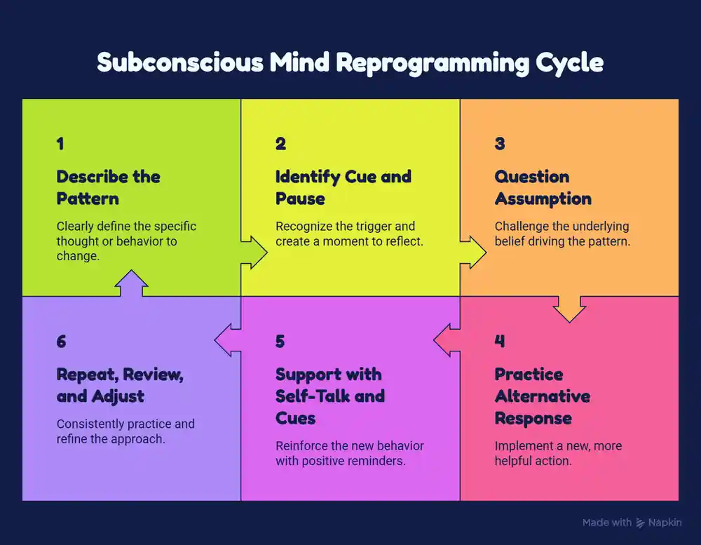 Six steps: describe the pattern, identify cues, question assumptions, practice a different response, support it, and review.